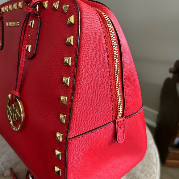 MICHAEL KORS Sandrine Gold Studded Satchel‎ Shoulder Bag/Purse Red - Picture 4 of 13